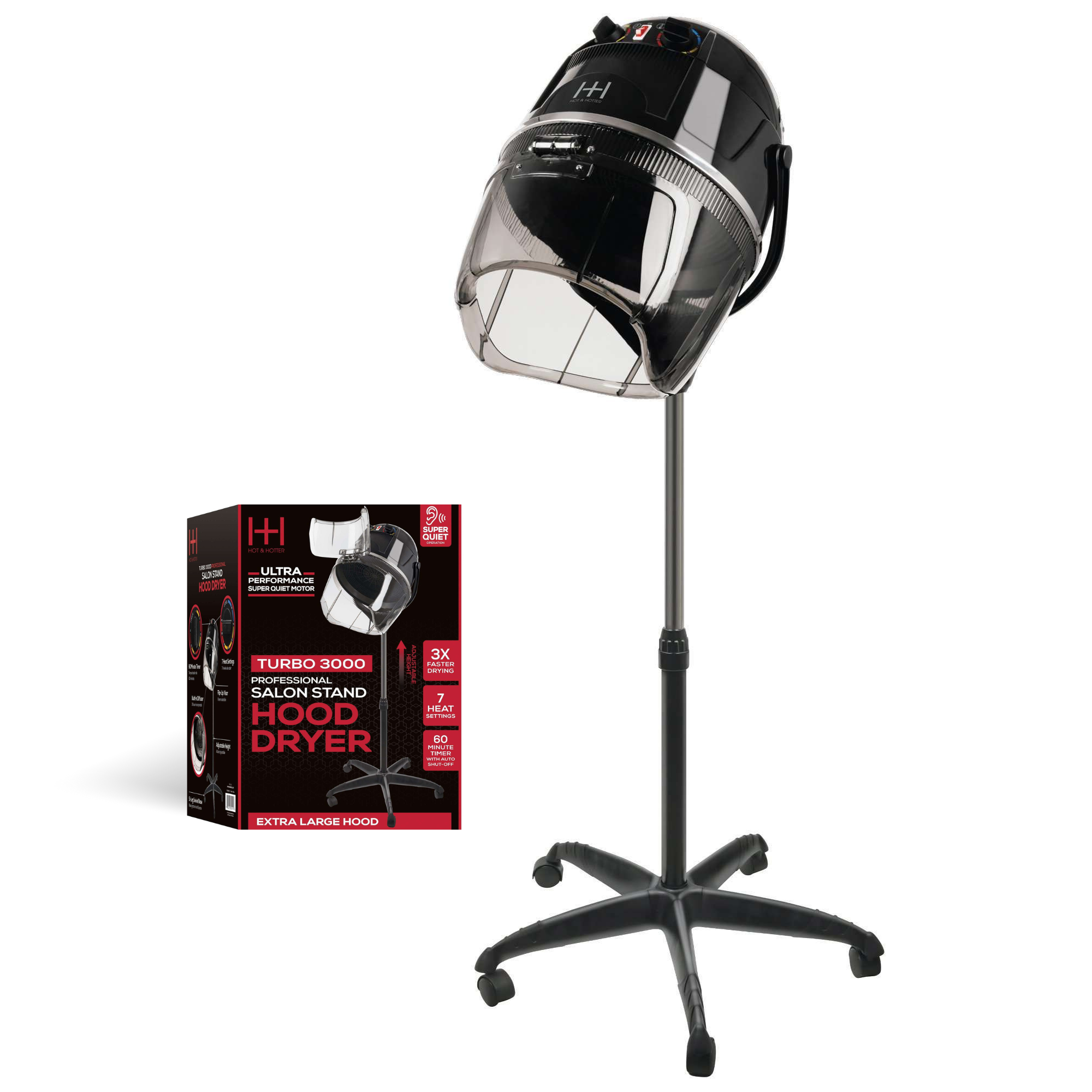 Hot & Hotter Turbo 3000 Professional Salon Dryer, Standing Hood Hair Dryer, Black