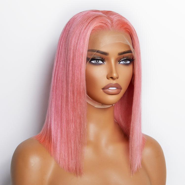 Tedhair 10 Inches & 14 Inches Pre-Plucked 13"x4" #Pink Straight Bob Lace Frontal Wig 150% Density-100% Human Hair