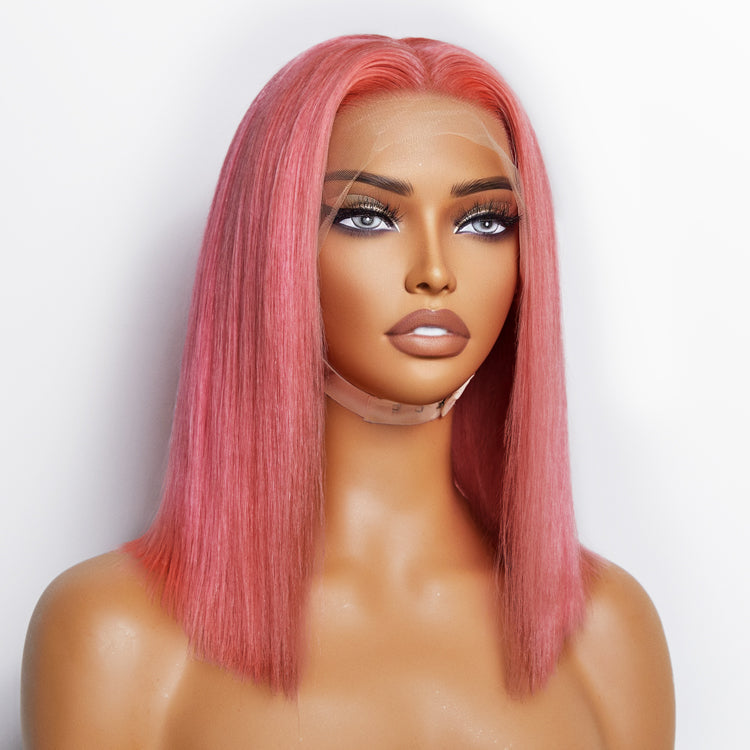 Tedhair 10 Inches & 14 Inches Pre-Plucked 13"x4" #Pink Straight Bob Lace Frontal Wig 150% Density-100% Human Hair