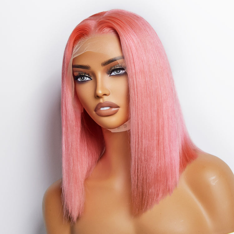 Tedhair 10 Inches & 14 Inches Pre-Plucked 13"x4" #Pink Straight Bob Lace Frontal Wig 150% Density-100% Human Hair