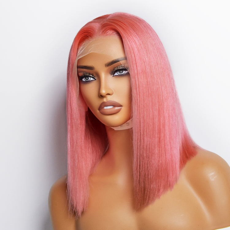 Tedhair 10 Inches & 14 Inches Pre-Plucked 13"x4" #Pink Straight Bob Lace Frontal Wig 150% Density-100% Human Hair