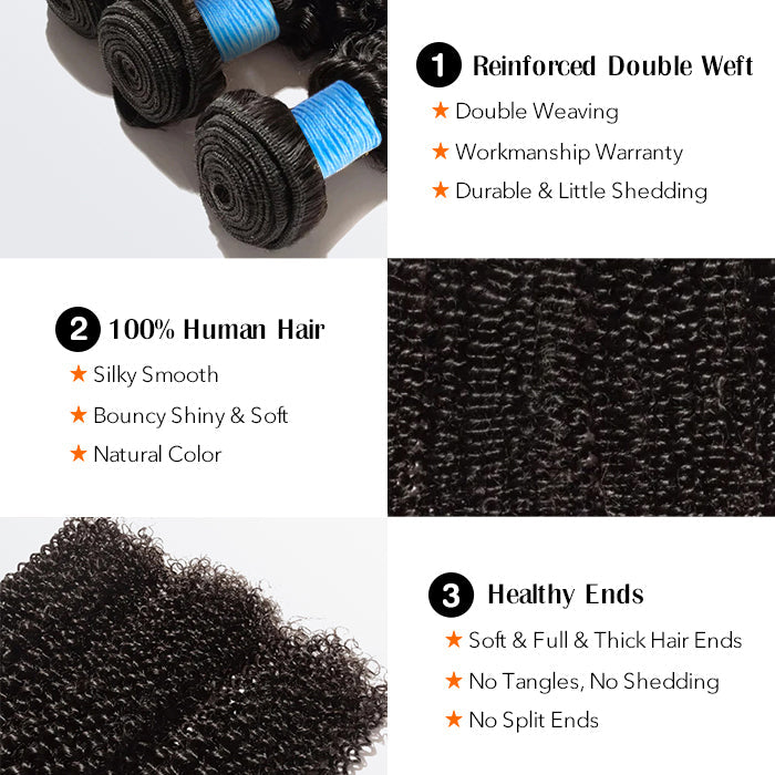 TedHair 10-30 Inch Kinky Curly Virgin Brazilian Hair #1B Natural Black