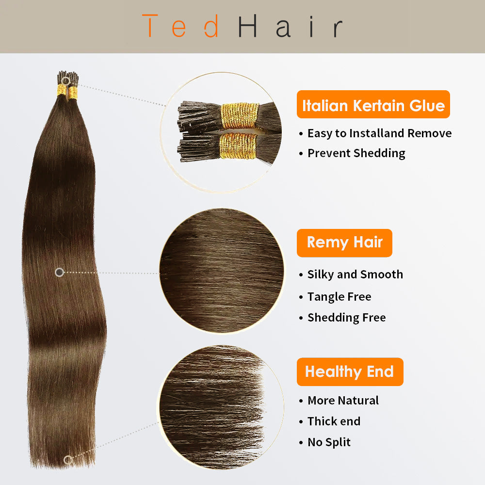 Tedhair I Tip Hair Extensions Natural Remy Human Hair (#8 Light Brown)