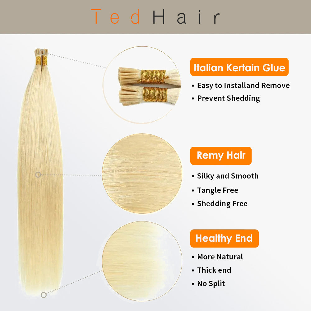 Tedhair I Tip Hair Extensions Natural Remy Human Hair (#613 Lightest Blonde )