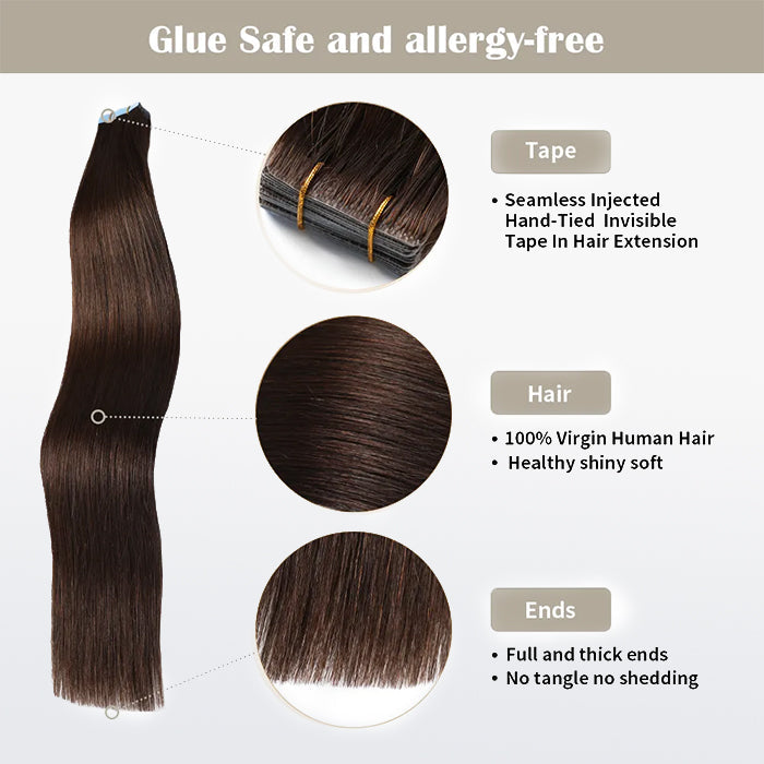 TedHair Seamless Injected Hand-Tied Invisible Tape In Hair Extension 20Pcs Virgin Human Hair