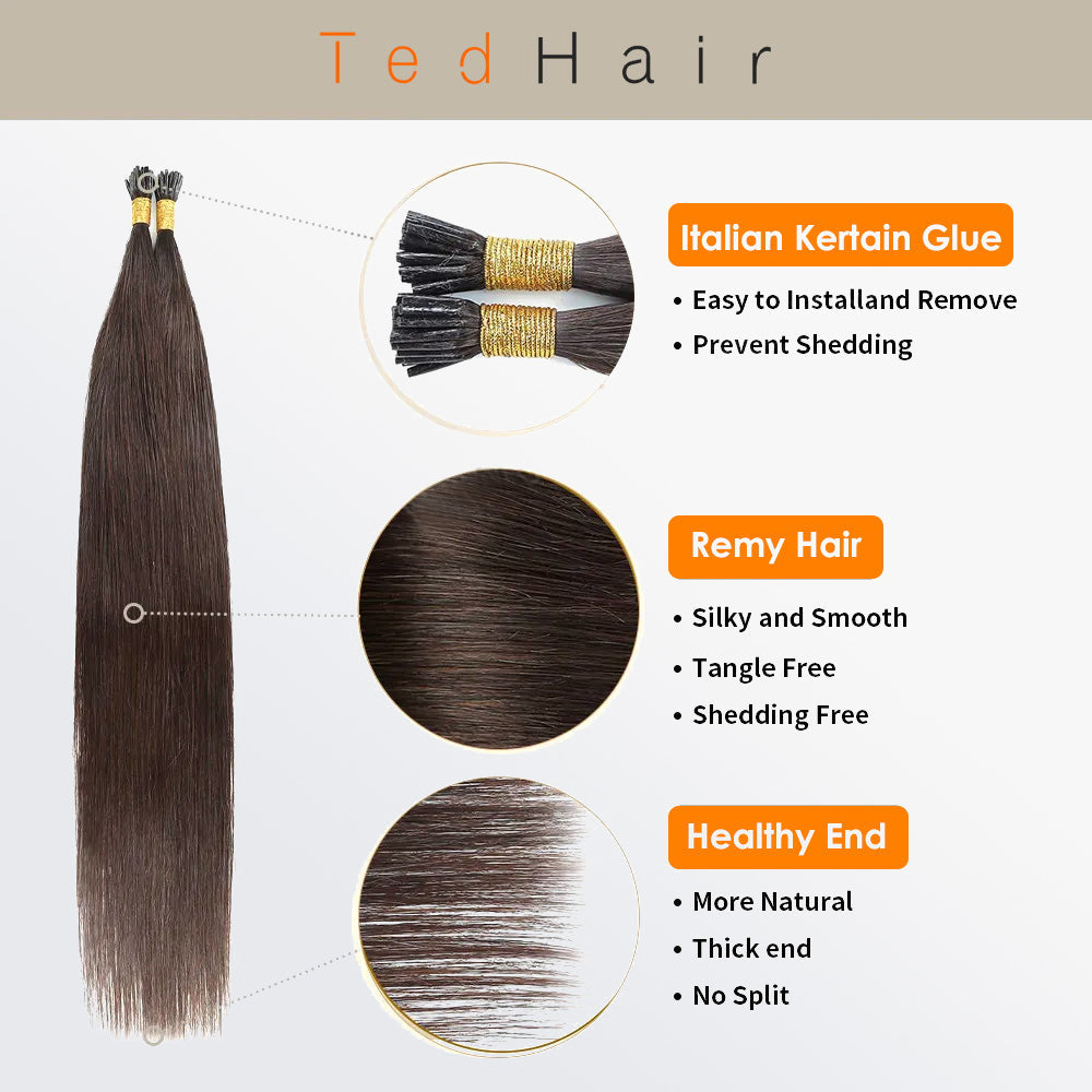 Tedhair I Tip Hair Extensions Straight Natural Remy Human Hair (#2 Darkest Brown )