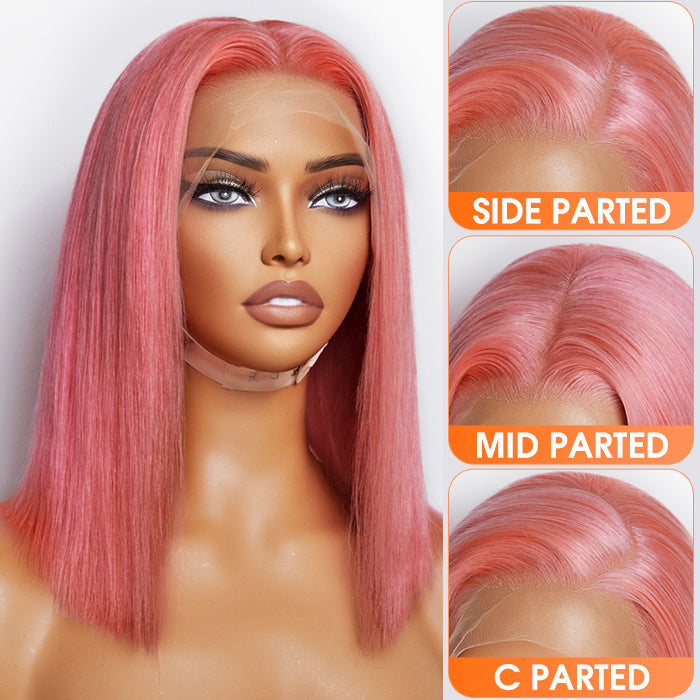 Tedhair 10 Inches & 14 Inches Pre-Plucked 13"x4" #Pink Straight Bob Lace Frontal Wig 150% Density-100% Human Hair