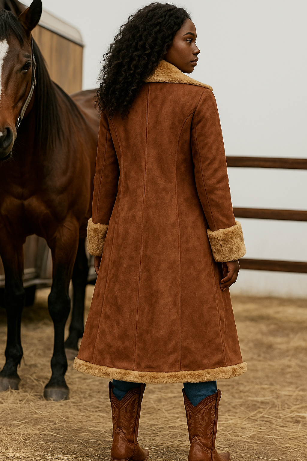 Western Vintage Faux Suede Plush Warm Coat in Brown