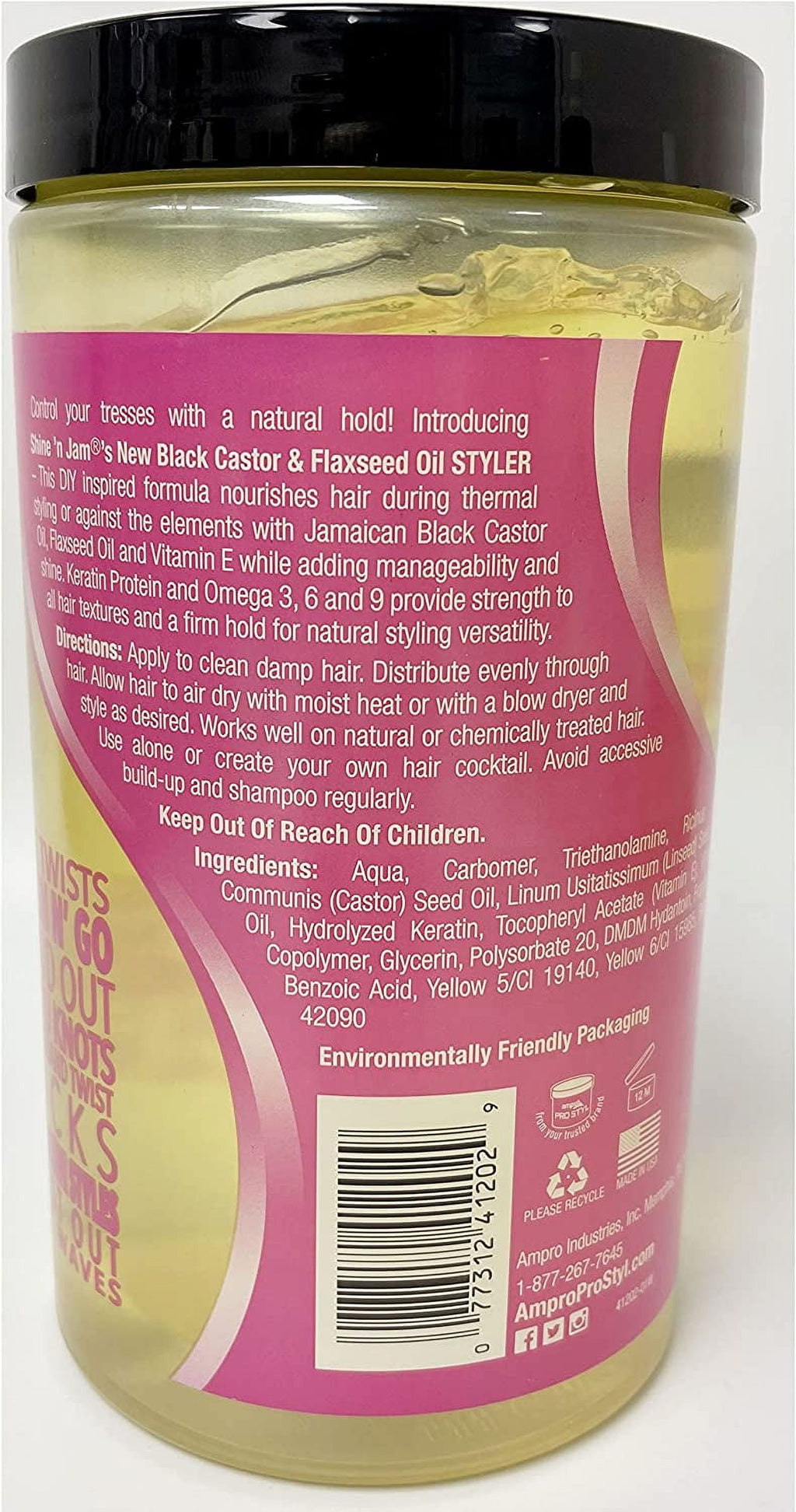 Ampro Shine-n-Jam Castor Oil and Flaxseed Gel, Hair Gel, 32 oz