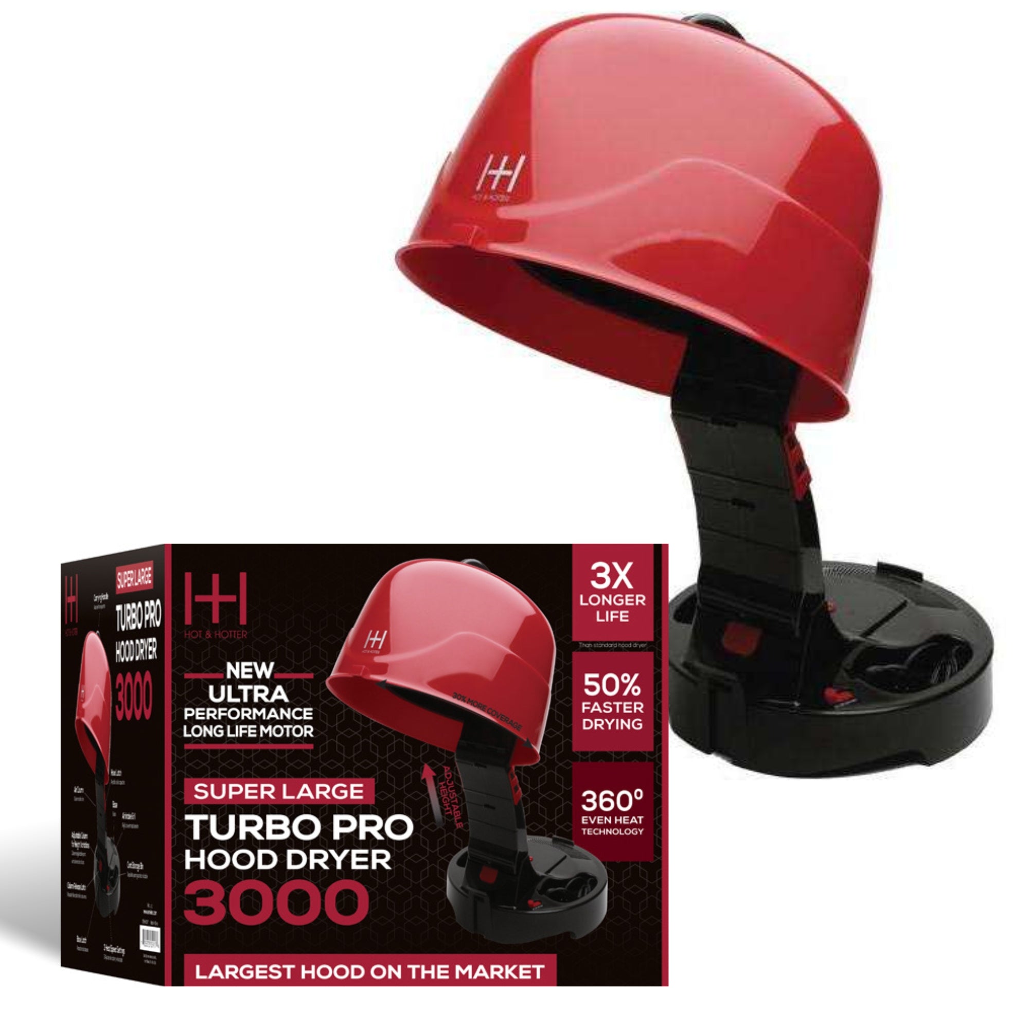 Hot & Hotter Super Large Turbo Pro Hood Dryer 3000, 1 Count Portable Salon Hair Dryer, Red