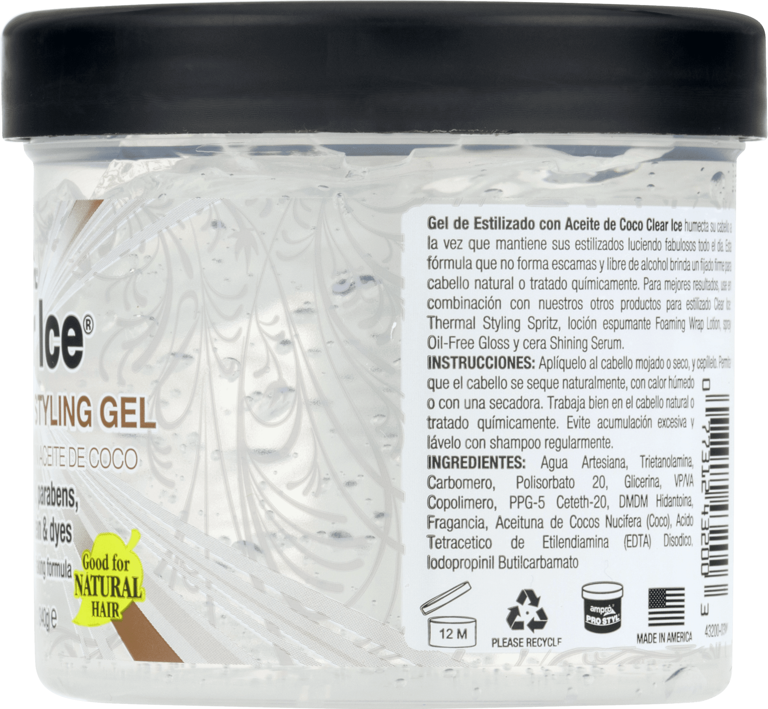 Ampro Clear Ice Coconut Oil Styling Gel, 12 oz., Moisturizing, Unisex