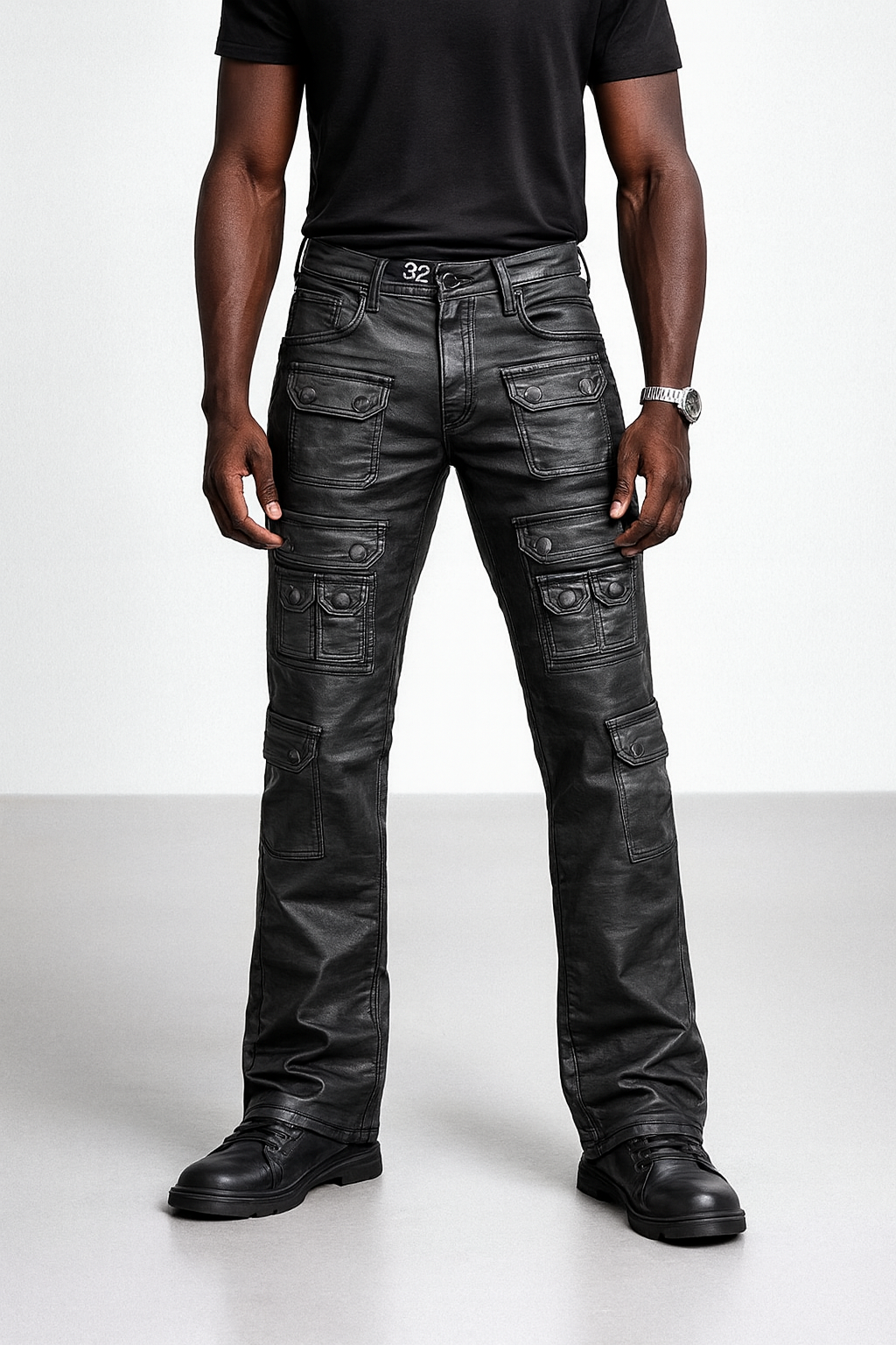 Coated Cargo Stacked Jeans