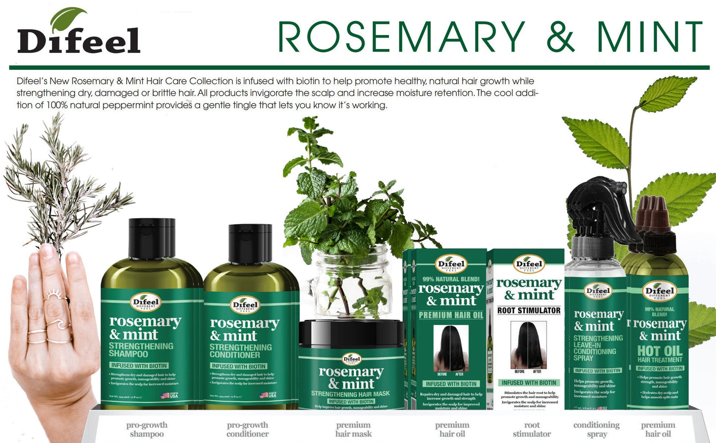 Difeel Rosemary and Mint Hair Strengthening Shampoo and Conditioner with Biotin 12 oz. 2-PC Set
