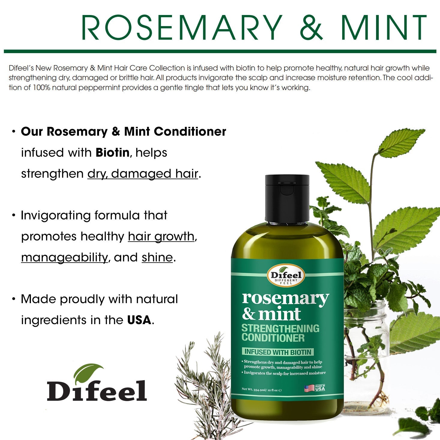 Difeel Rosemary and Mint Hair Strengthening Shampoo and Conditioner with Biotin 12 oz. 2-PC Set