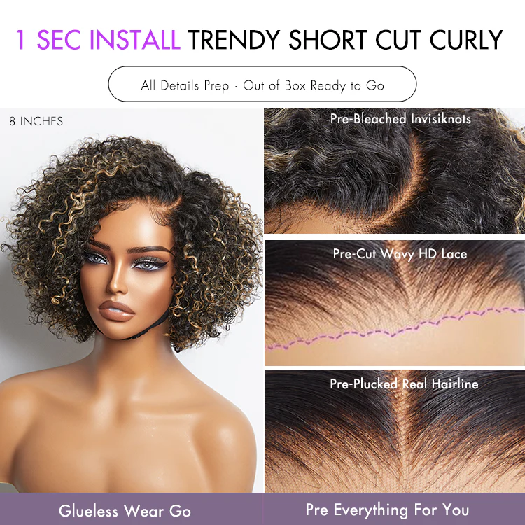 TedHair 8 inch Trendy Short Cut Curly Minimalist HD Lace Glueless Side Part Wig