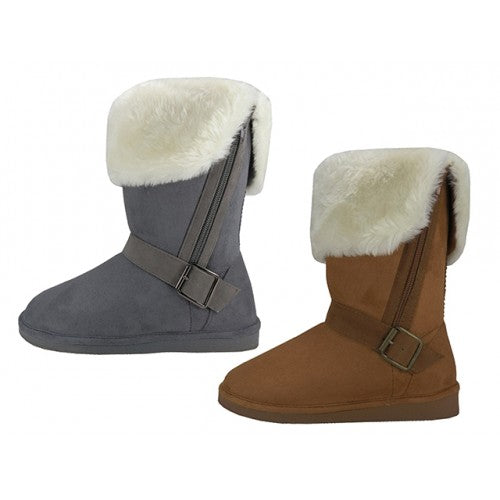 S5520L-C/G - Wholesale Women's Micro Suede Fold Over with Faux Fur Lining and Side Zipper Warmest Winter Boots (*Gray & Beige Assorted Colors)