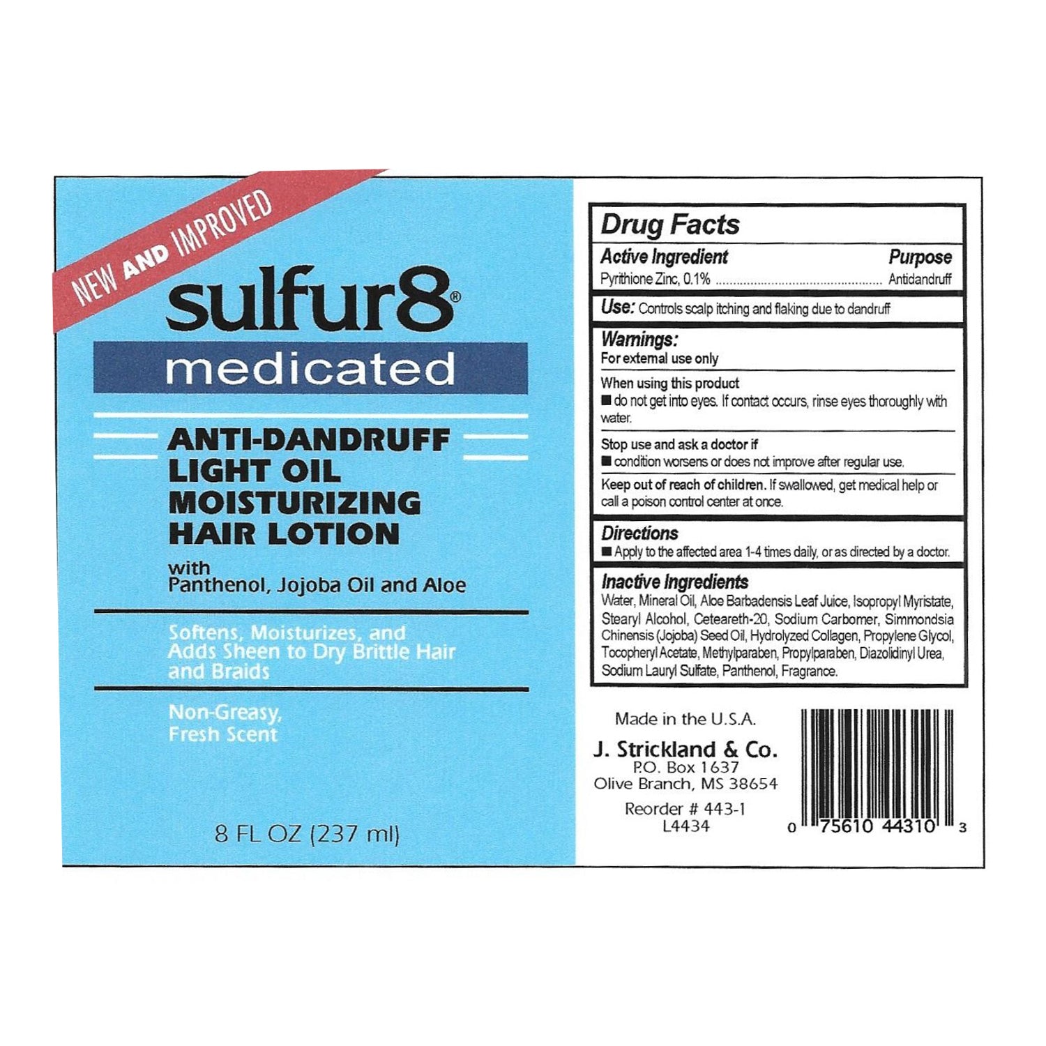 Sulfur 8 Medicated Anti Dandruff Light Oil Moisturizing Hair Lotion 8 Oz