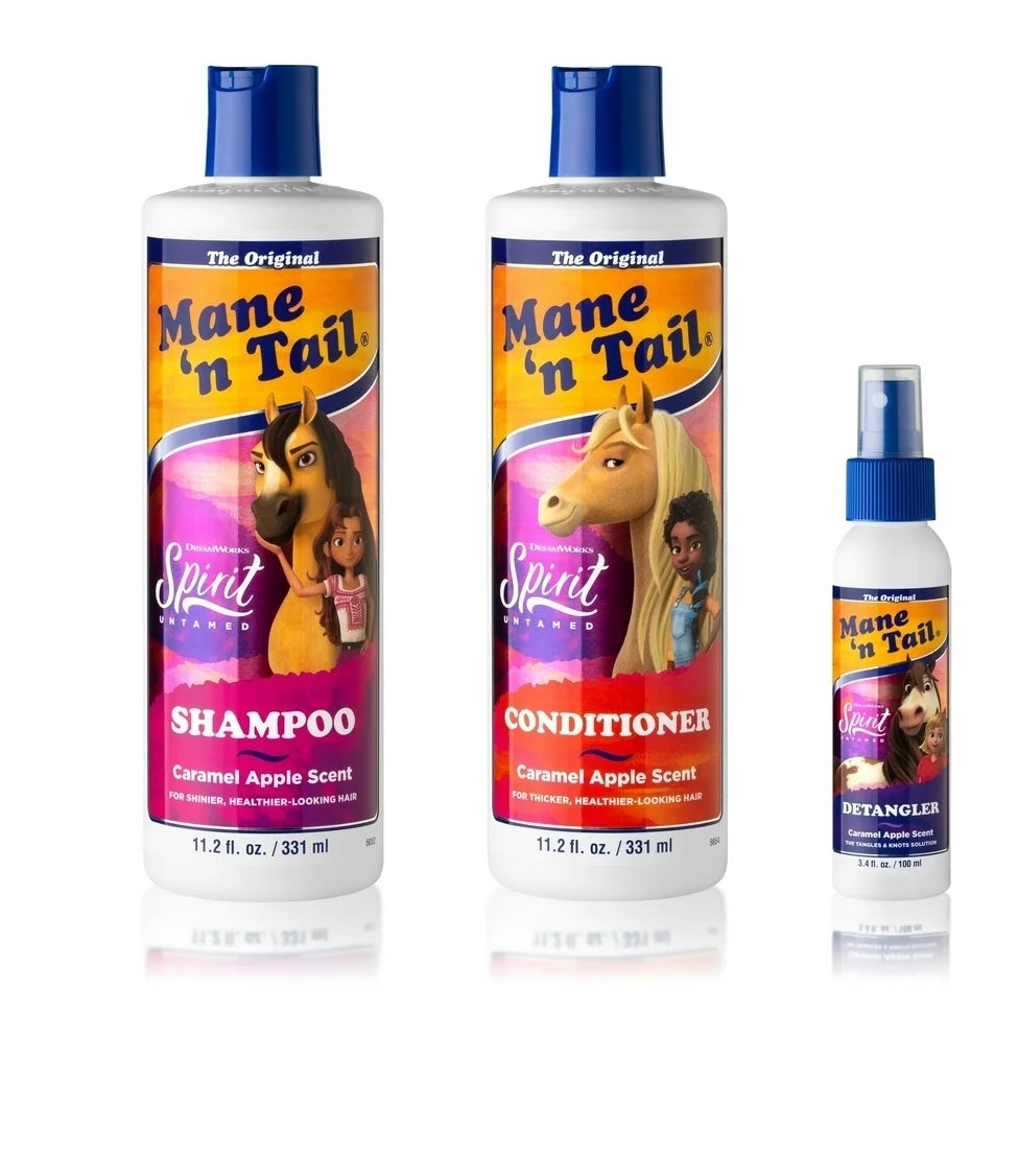 Mane 'n Tail: Spirit Untamed Shampoo + Conditioner (11.02 Oz Each) + Detangler (3.4 Oz) for Kids Caramel Apple Scent Gentle, Mild For Everyday Use Coconut Oil Softness