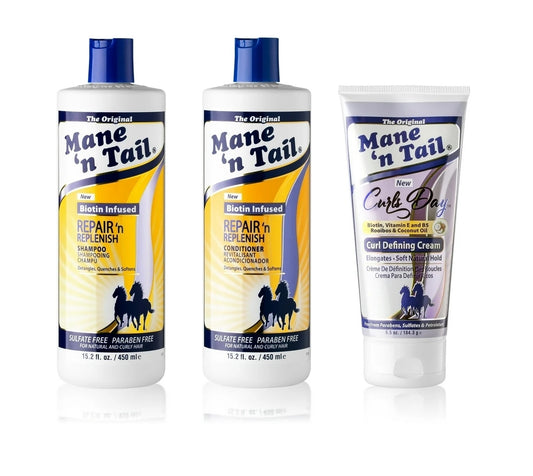 Mane ’n Tail: Repair ’n Replenish Shampoo and Conditioner (15.02 Oz Each) + Curls Day Curls Defining Cream (6.5 Oz) Sulfate Free For Natural And Curly Hair