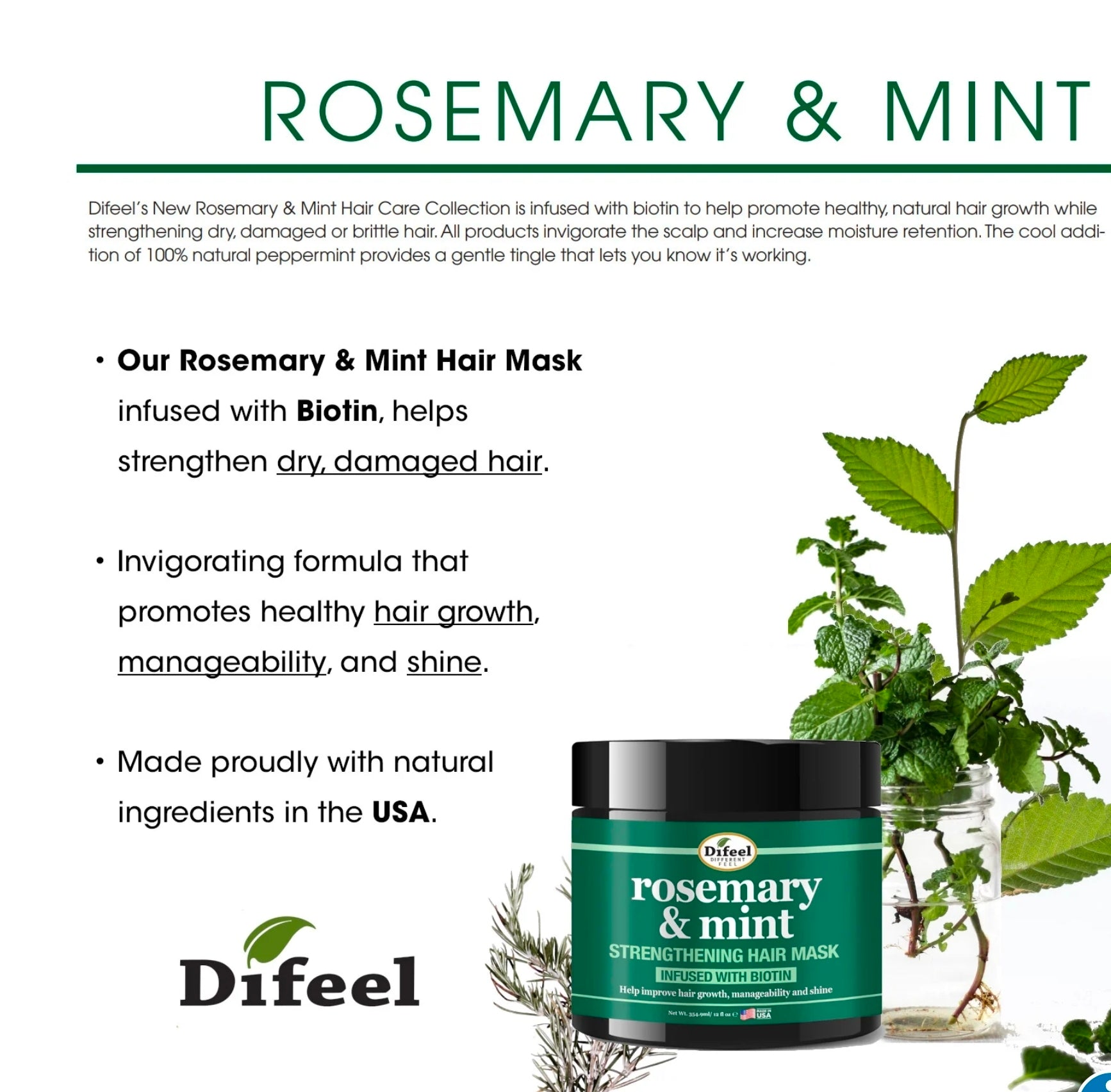 Difeel Rosemary and Mint Strengthening Hair Mask with Biotin 12 oz.