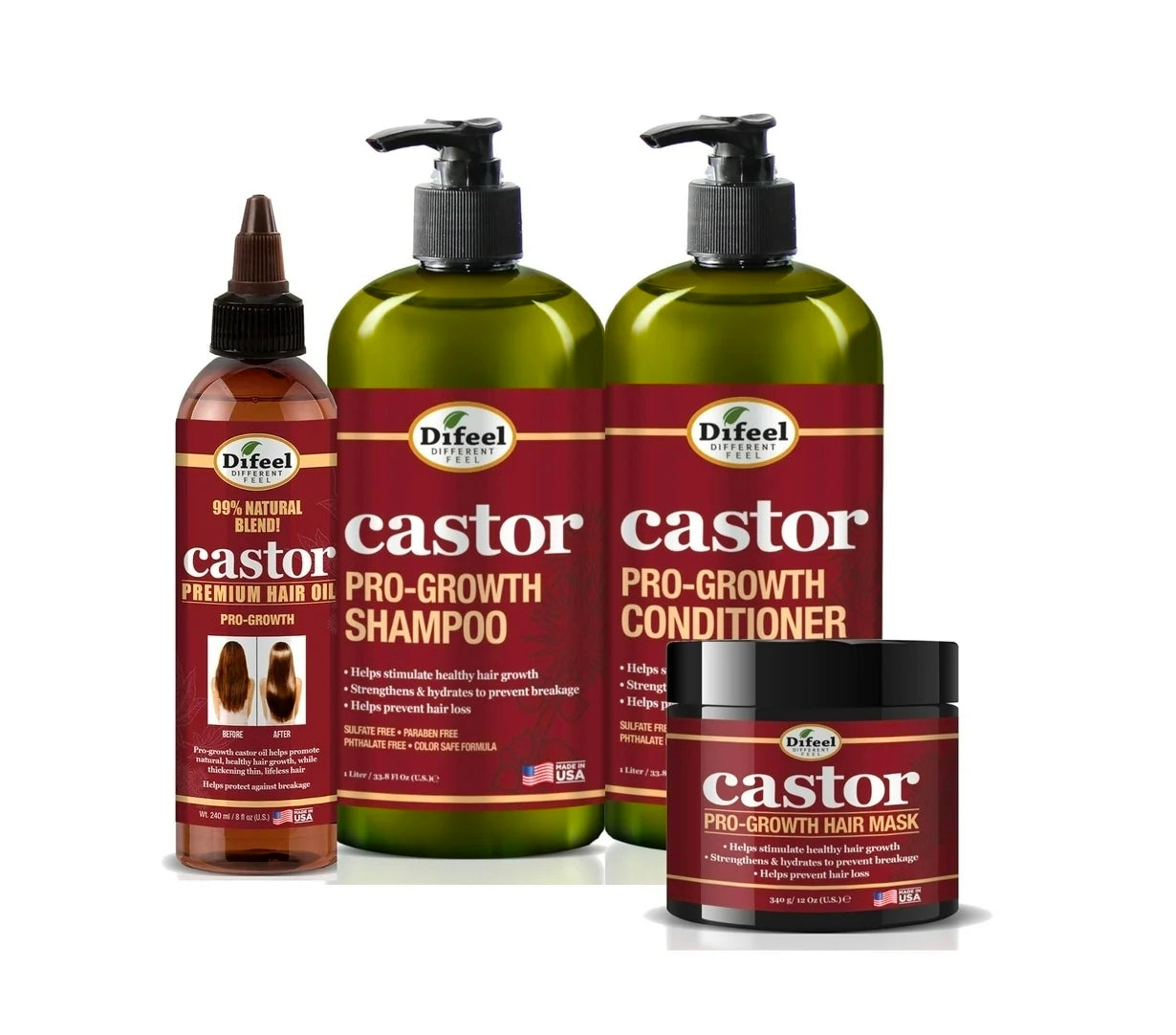 Difeel Pro-Growth with Castor Oil 4-PC Ultimate Hair Care Set - Shampoo 33.8oz, Conditioner 33.8oz, Hair Mask 12oz & Hair Oil 8oz