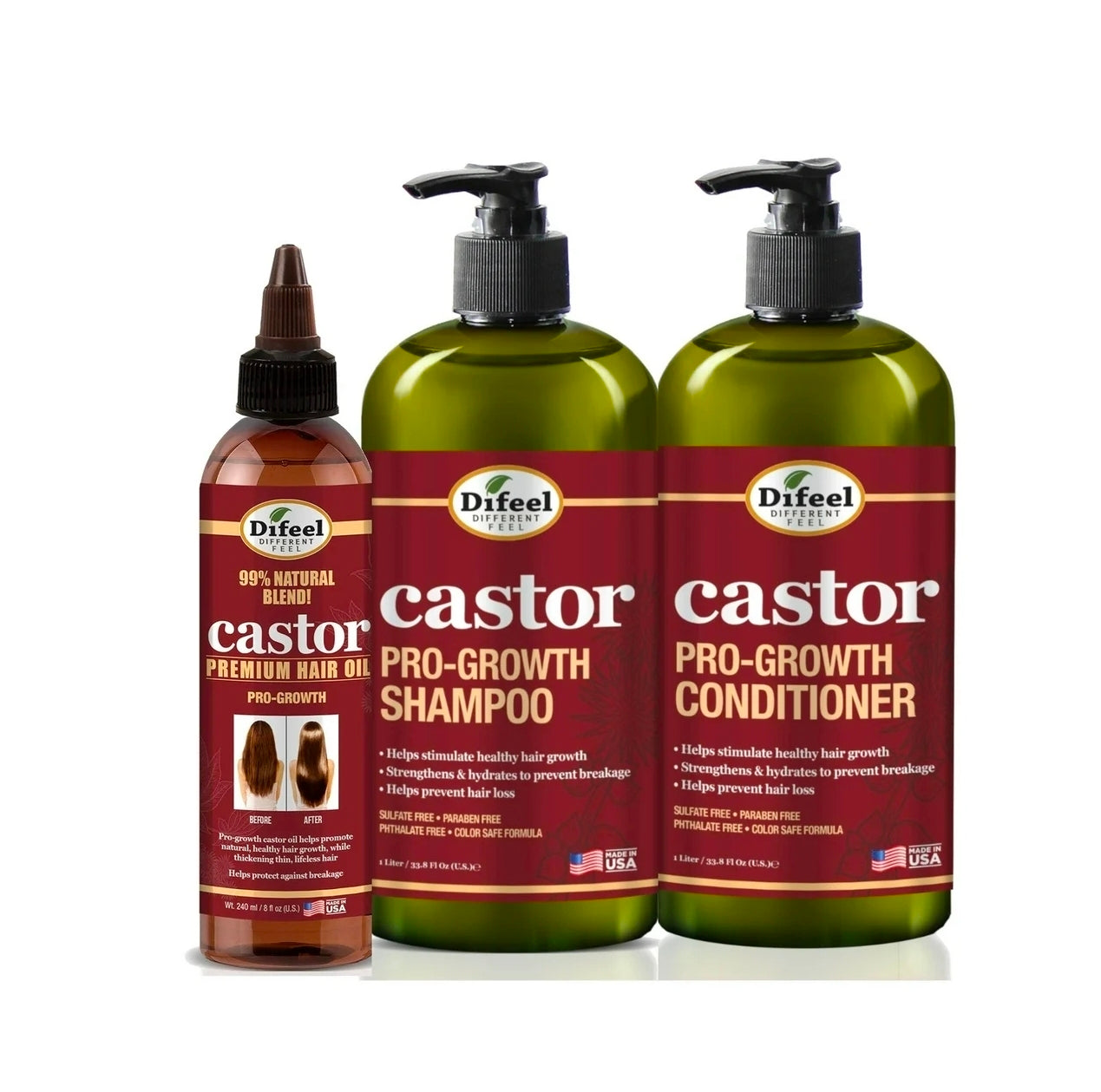 Difeel Pro-Growth with Castor Oil 3-PC Large Hair Care Set - Shampoo 33.8oz, Conditioner 33.8oz, & Hair Oil 8oz