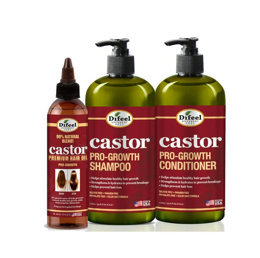 Difeel Pro-Growth with Castor Oil 3-PC Large Hair Care Set - Shampoo 33.8oz, Conditioner 33.8oz, & Hair Oil 8oz