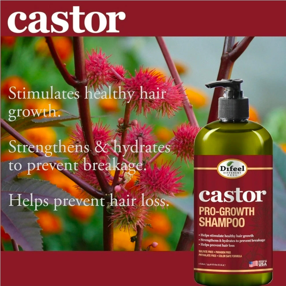 Difeel Pro-Growth with Castor Oil 3-PC Large Hair Care Set - Shampoo 33.8oz, Conditioner 33.8oz, & Hair Oil 8oz