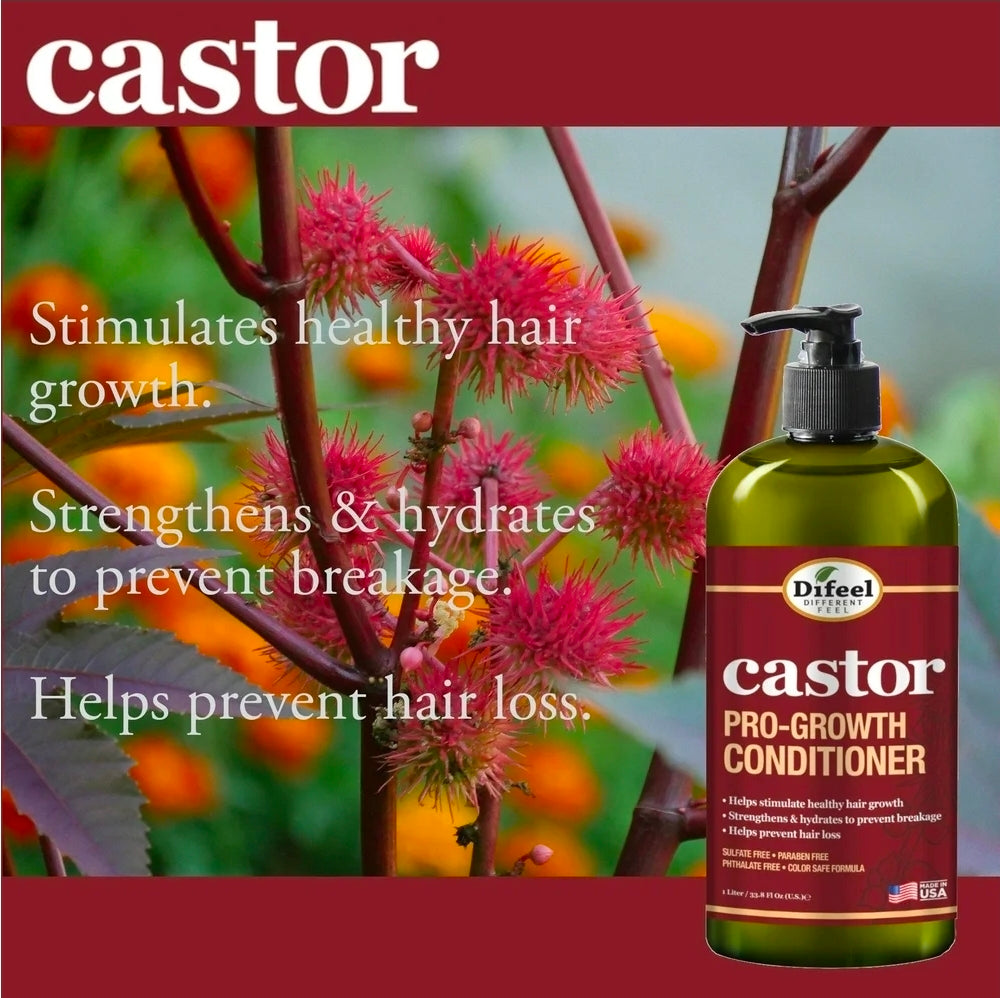 Difeel Pro-Growth with Castor Oil 3-PC Large Hair Care Set - Shampoo 33.8oz, Conditioner 33.8oz, & Hair Oil 8oz
