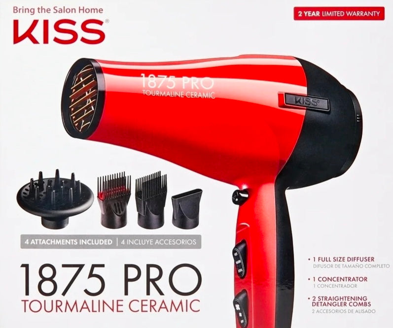 KISS Red Tourmaline Ceramic Hair Dryer with 4 Additional Styling Attachments, 1875 Watts, Red
