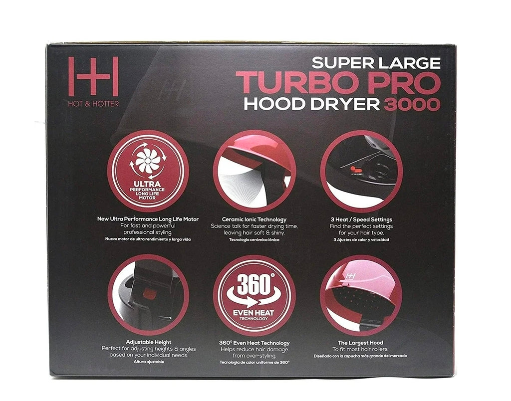 Hot & Hotter Super Large Turbo Pro Hood Dryer 3000, 1 Count Portable Salon Hair Dryer, Red