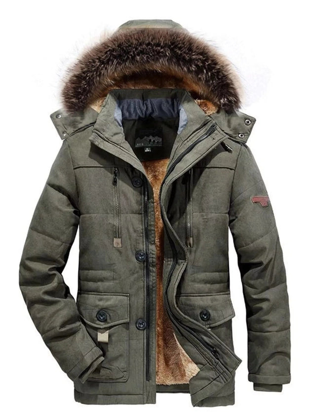 Men's Plus Size Zip Up Long Sleeve Puffer Coat with Faux Fur Hood