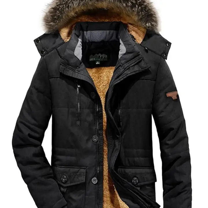 Men's Plus Size Zip Up Long Sleeve Puffer Coat with Faux Fur Hood