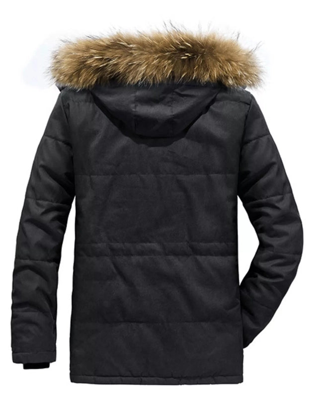 Men's Plus Size Zip Up Long Sleeve Puffer Coat with Faux Fur Hood