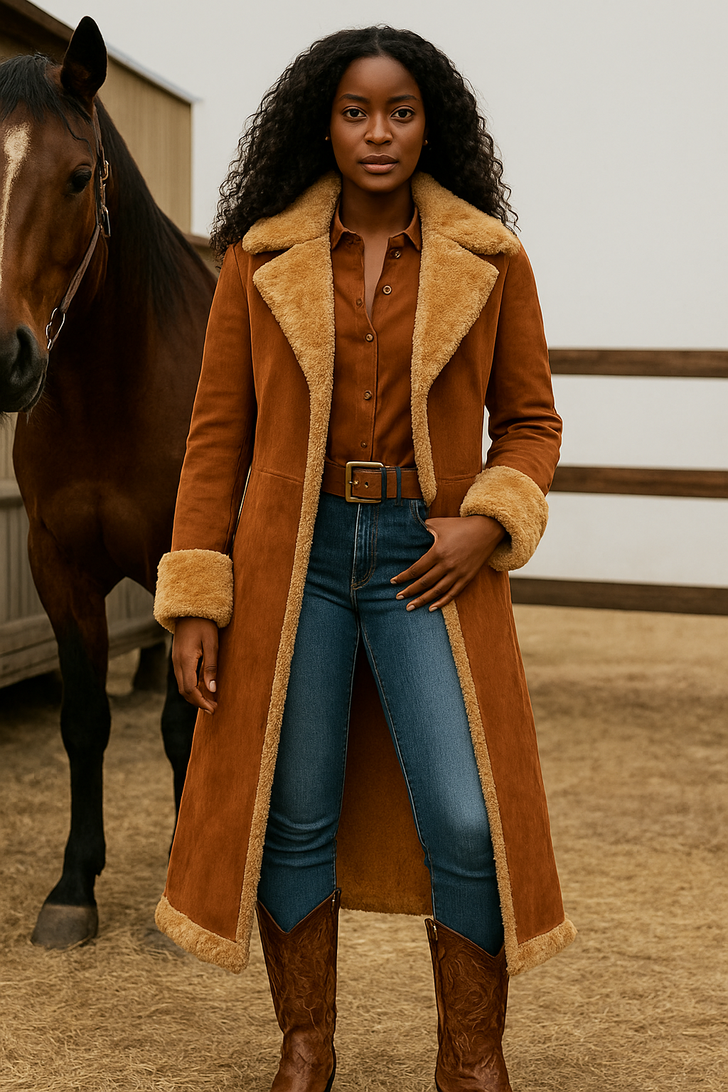 Western Vintage Faux Suede Plush Warm Coat in Brown
