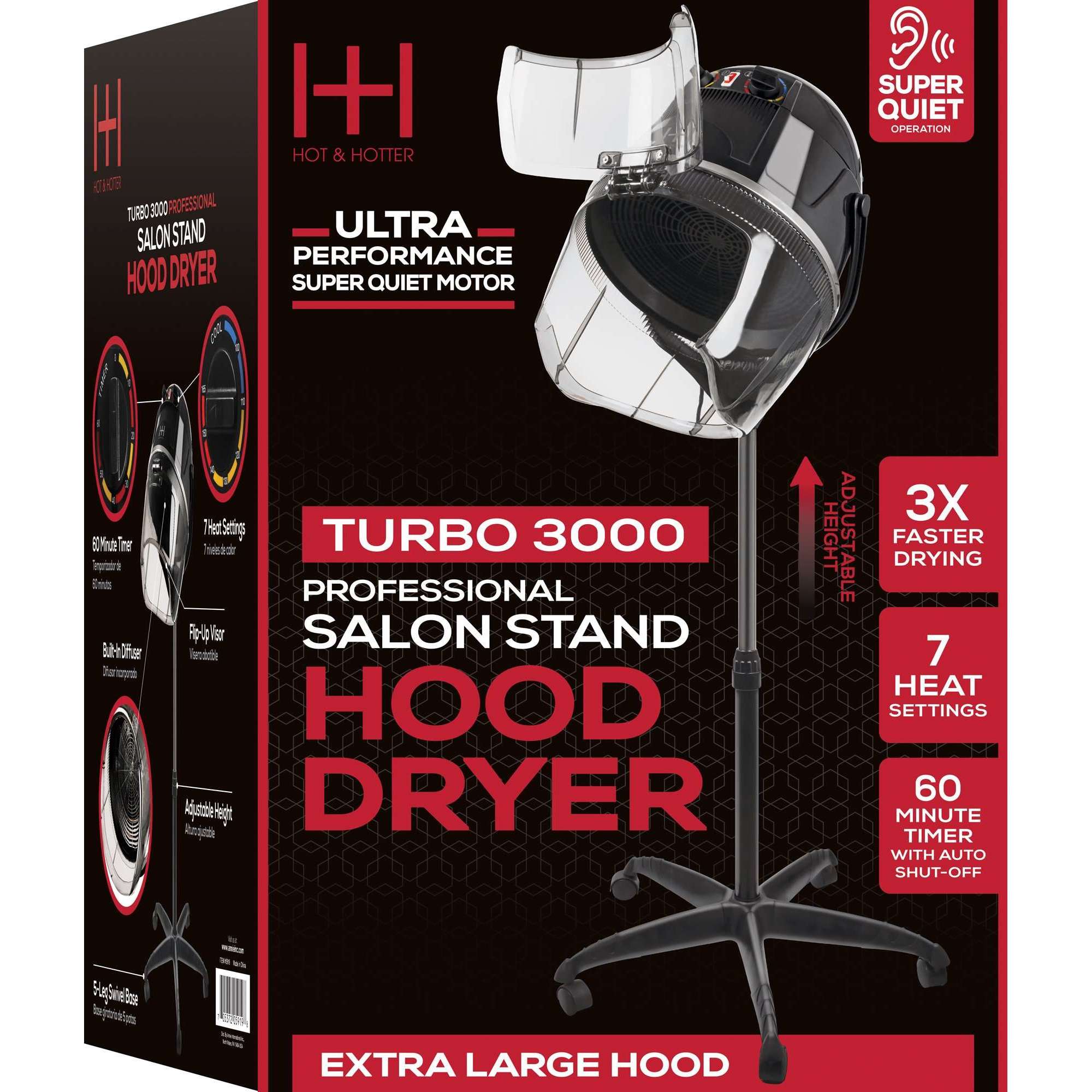 Hot & Hotter Turbo 3000 Professional Salon Dryer, Standing Hood Hair Dryer, Black
