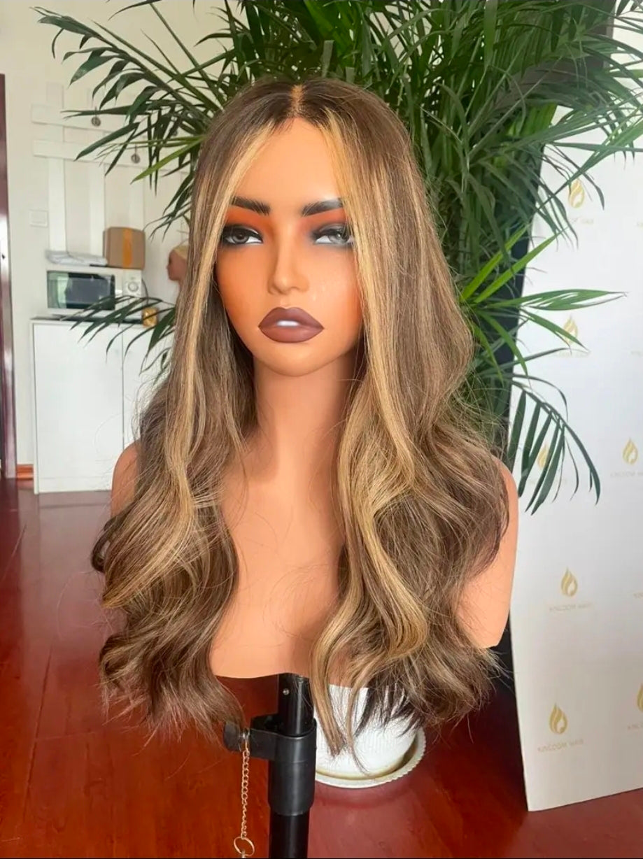 Balayage Lace Wig: Long Wavy Blonde Brown Human Hair