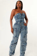Washed Denim Utility Jumpsuits