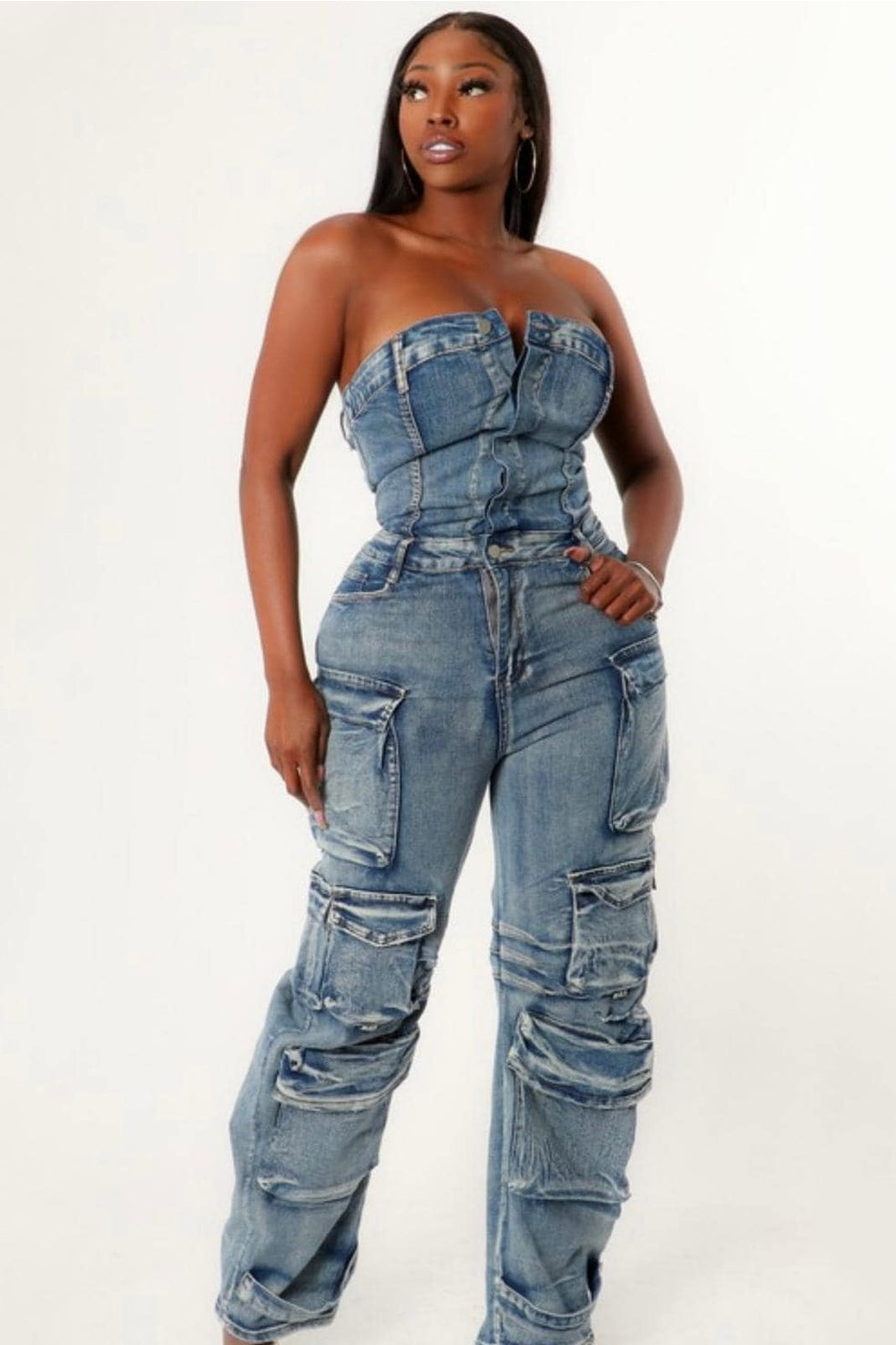 Washed Denim Utility Jumpsuits