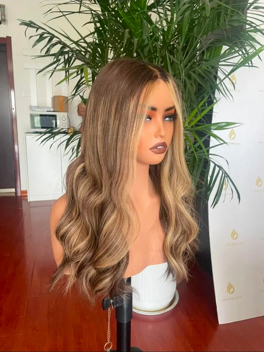 Balayage Lace Wig: Long Wavy Blonde Brown Human Hair