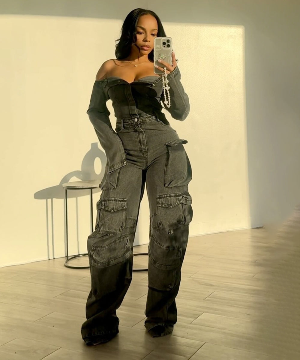 Asymmetric Denim Cardigan Set